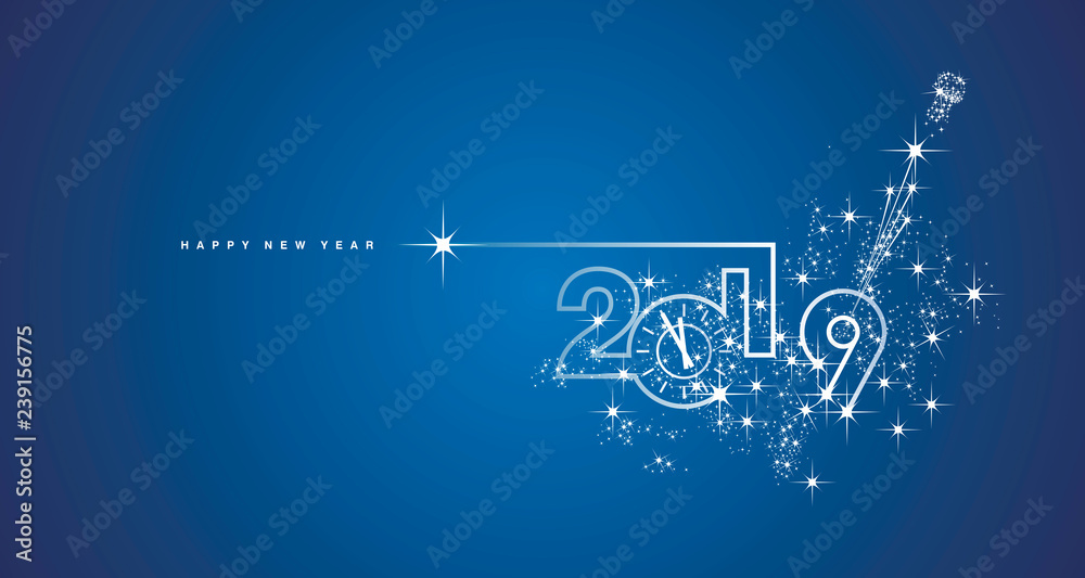 Plakat New Year 2019 midnight clock line design sparkle firework champagne white blue vector