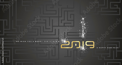 Merry Christmas and Happy New Year 2019 gold sparkle cyberspace abstract labyrinth black background