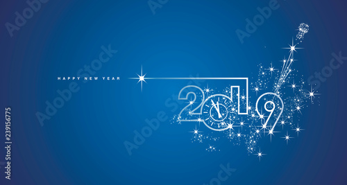New Year 2019 midnight clock line design sparkle firework champagne white blue vector