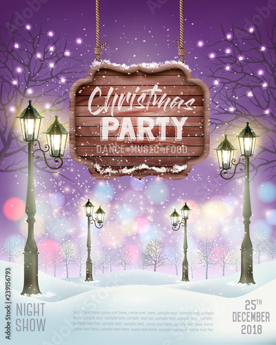 Christmas Holiday Party Flyer background with evening winter landscape. Vector
