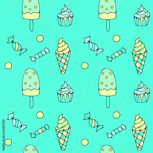 Seamless pattern of colorful sweets: ice creams, cupcakes, candies, dragee on the turquoise background, vector textures for wrapping, wallpaper, print, textile