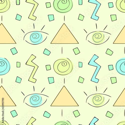 Seamless pattern of colorful shapes: eyes, ethnic elements, pyramids on the green background, vector textures for wrapping, wallpaper, print, textile photo