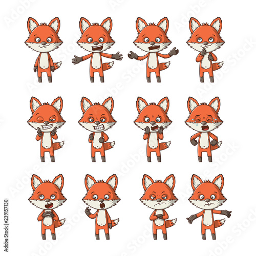 Funny cartoon fox set with different emotions
