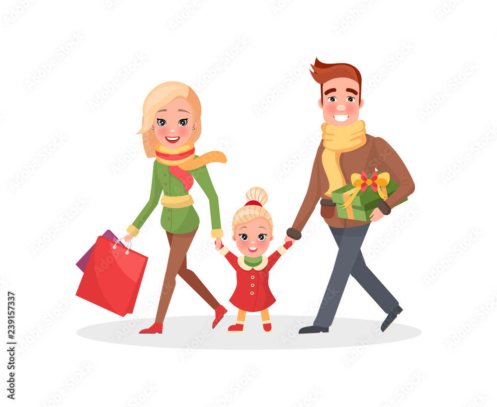 Happy Family Mother Father Small Daughter Shopping Happy Family Mother Father Small Daughter Shopping