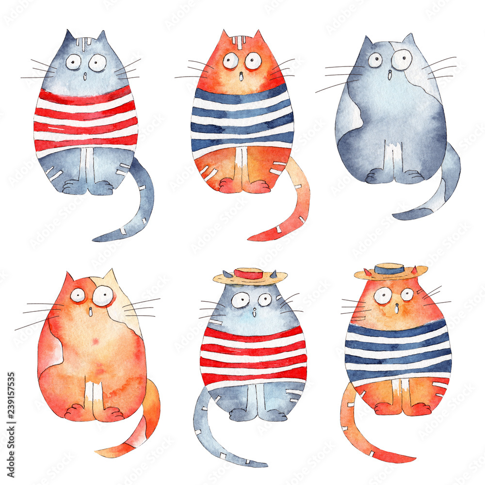Naklejka premium Set of colorful watercolor cute cats illustrations isolated on w