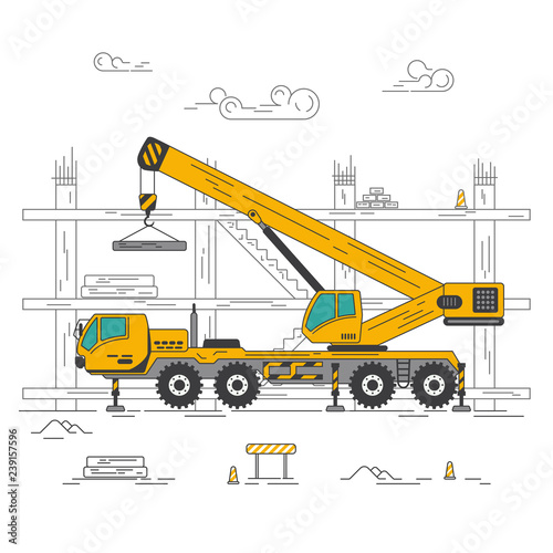 graphic of yellow crane truck in construction site, concept of construction industry