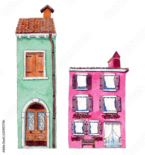 Obraz na płótnie Set of watercolor colorful illustration of a houses from Burano isolated on white background. w salonie