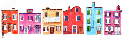 Photo Set of watercolor colorful illustration of a houses from Burano