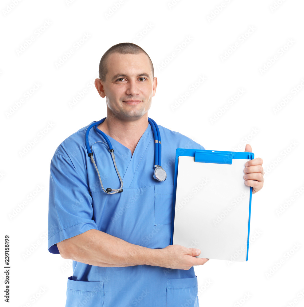 Portrait of medical assistant with stethoscope and clipboard on white background. Space for text Portrait of medical assistant with stethoscope and clipboard on white background. Space for text