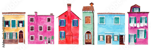 Set of watercolor colorful illustration of a houses from Burano