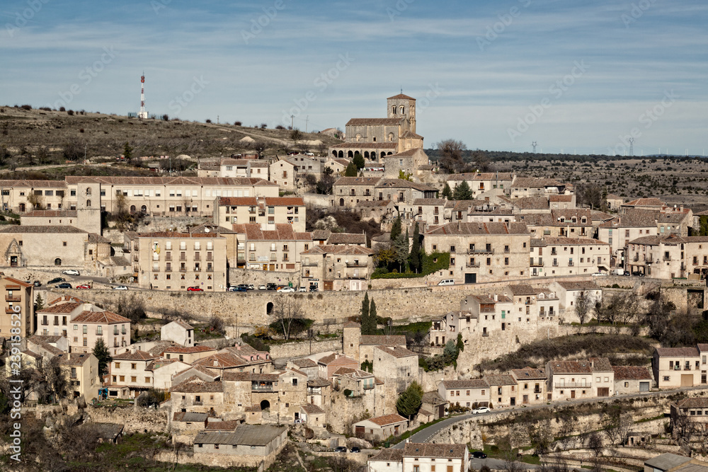 Panoramic of Sepulveda, historic town. Houses built on stone. Province of Segovia, Spain