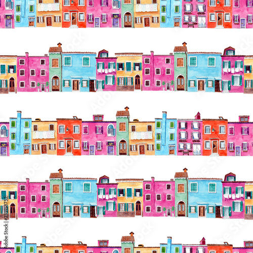 Seamless pattern with bright hand painted watercolor cute houses.