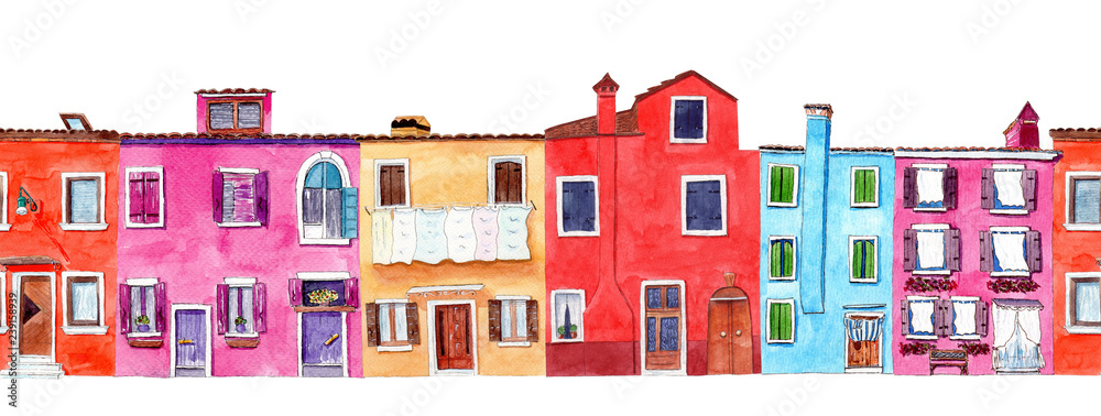 Seamless border with bright hand painted watercolor cute houses.