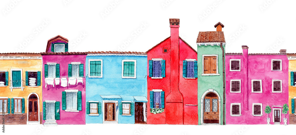 Seamless border with bright hand painted watercolor cute houses.
