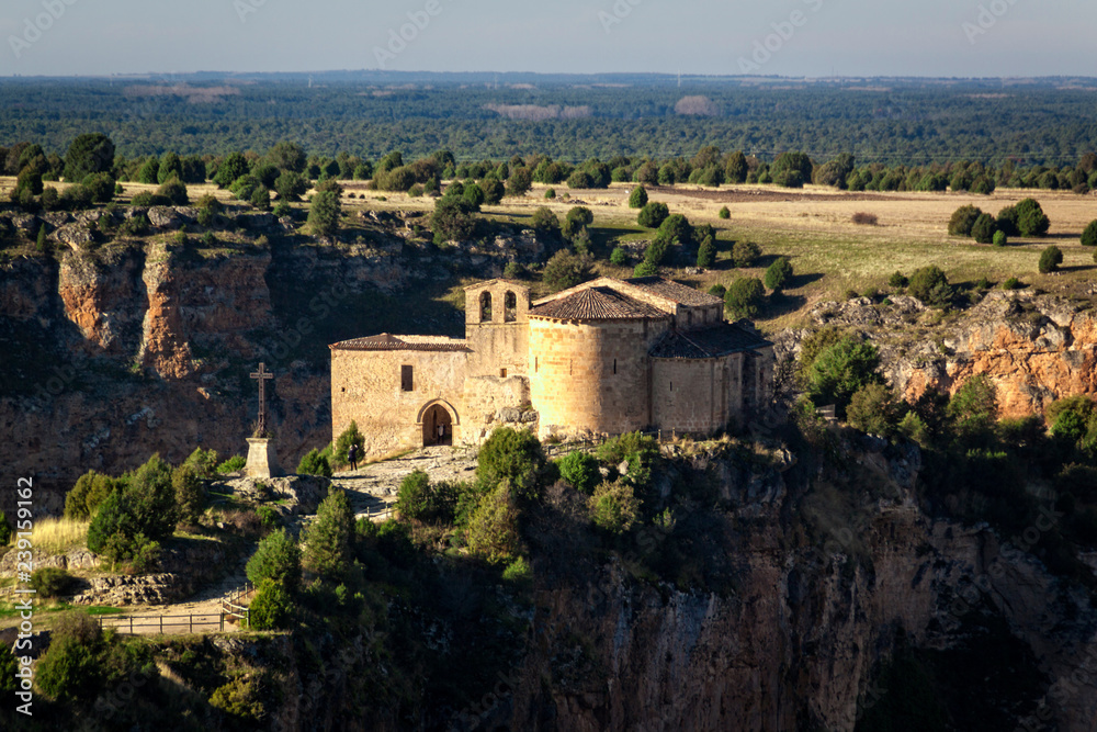 Natural Park Sickles of the Duraton River. Landscape and cliffs. Hermitage of San Frutos, ancient temple. Segovia, Spain