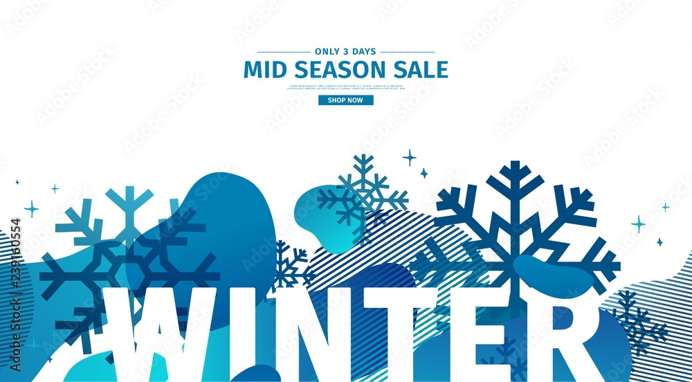Obraz premium Abstract geometric design for winter. Christmas offer banner with vector liquid form and decor of snowflakes and sparkles. Blue creative template mid season sale graphic with fluid dynamic shape.