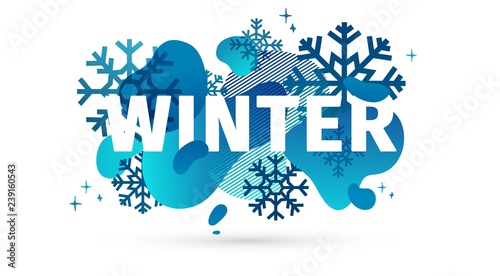 Horizontal Design winter template banner with abstract geometric shape background. Cold blue style layout for season offer or sale with snowflake and fluid graphic dynamic decoration backdrop. Vector