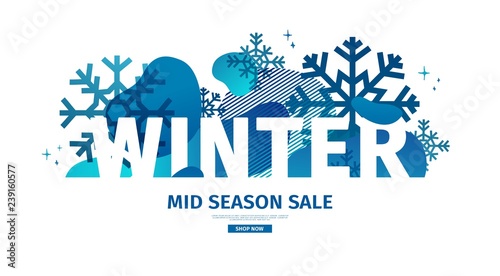 Abstract geometric design for winter. Christmas offer banner with vector liquid form and decor of snowflakes and sparkles. Blue creative template mid season sale graphic with fluid dynamic shape.