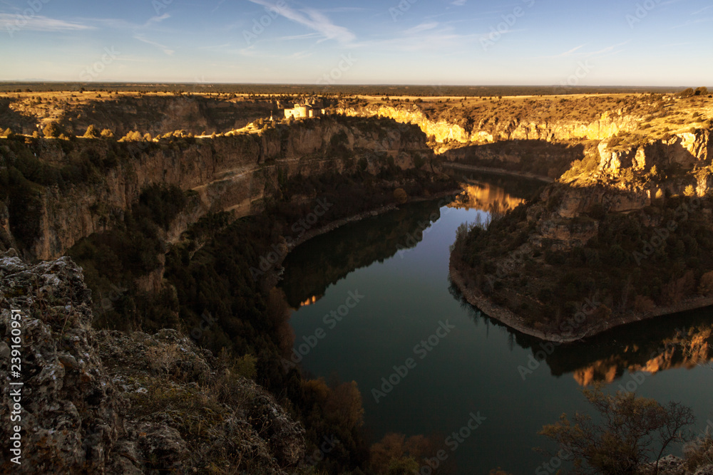 Natural Park Sickles of the Duraton River. Landscape and cliffs. Hermitage of San Frutos, ancient temple. Segovia, Spain