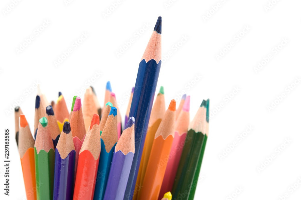 Bunch of colored pencils isolated on white background. Selective focus. Bunch of colored pencils isolated on white background. Selective focus.