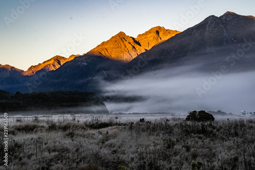 Travel New Zealand. Foggy/misty valley morning sunrise scenery. Winter morning in the mountains. Outdoor background. Moody. Milford Track, Fiordland Narional Park, South Island photo