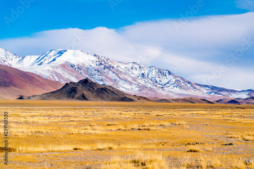 View of the beautiful mountain and the large yellow steppe in the sunny day photo