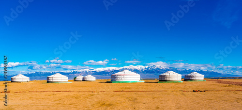 Panoramic view of mongolian ger on a large steppe