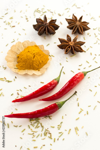 Chilli pods, star anise, rosemary and turmeric on white background