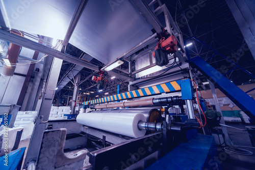 Modern automated production line in factory. Plastic bag manufacturing process