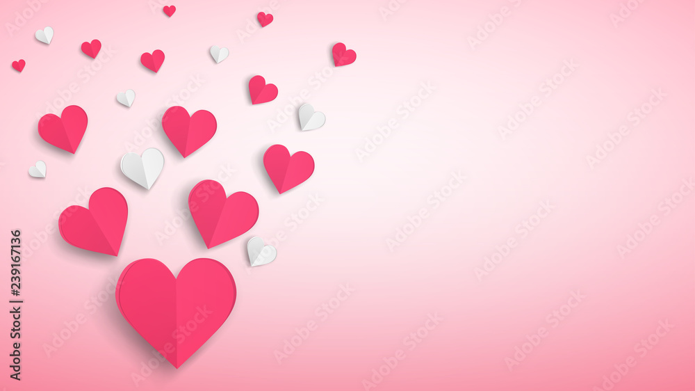 Background with many paper volume hearts, red and white on pink