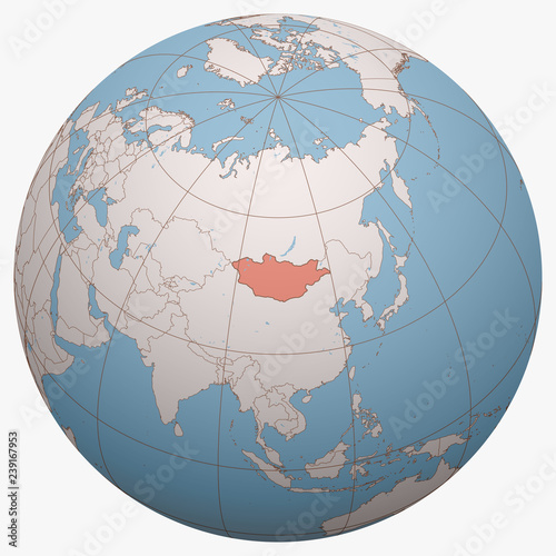 Mongolia on the globe. Earth hemisphere centered at the location of Mongolia. Mongolia map.
