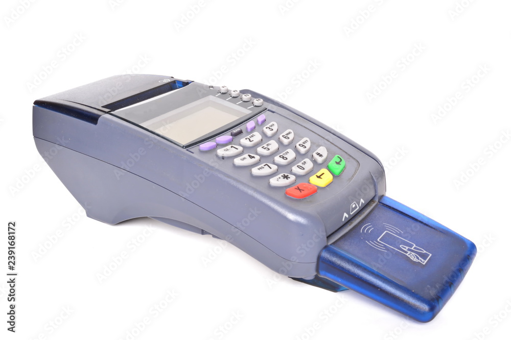 Pos payment terminal on white background. Isolated. Left side view Pos payment terminal on white background. Isolated. Left side view