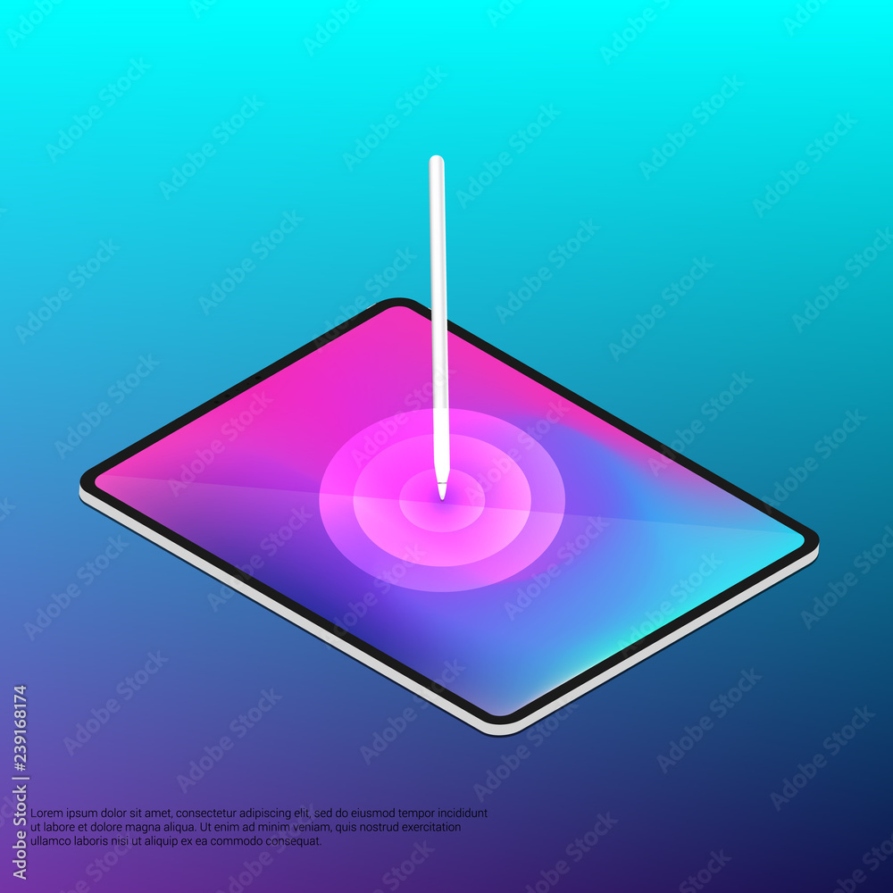 Illustration of a tablet which is pressed with a pen. Reaction to pressing. Shows the action of the tablet. Illustration of a tablet which is pressed with a pen. Reaction to pressing. Shows the action of the tablet.
