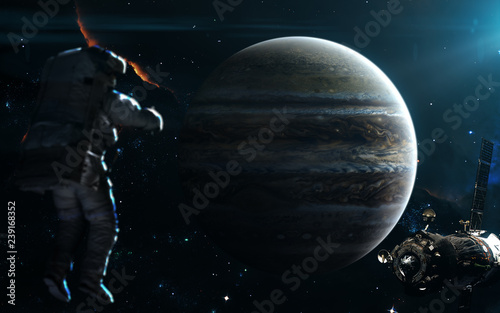 Planet Jupiter in blue light. Solar system. Science fiction art. Elements of the image were furnished by NASA