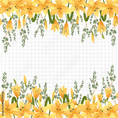 Vector flower lily and eucalyptus floral border.