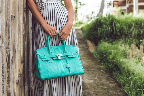 Woman hands with luxury handmade snakeskin leather handbag. Python snake fashionable handbag. Outdoors, Bali island.