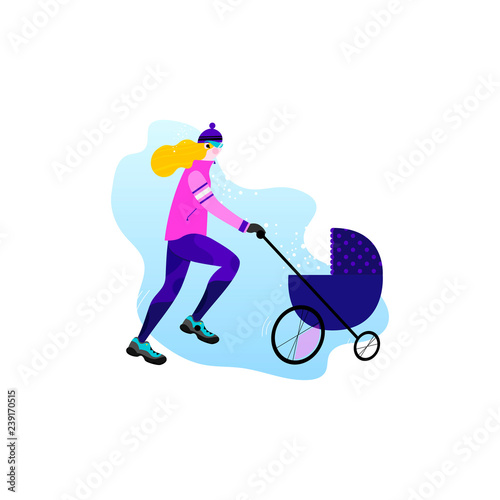Winter running concept. Young athletic woman with stroller doing jogging. Vector illustration in flat style