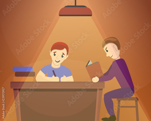Father son homework concept background. Cartoon illustration of father son homework vector concept background for web design