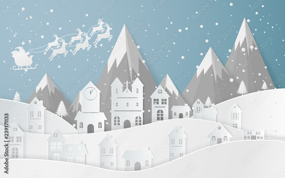 Plakat Santa flying in a sleigh with reindeer. The flat vector winter scene design of mountains