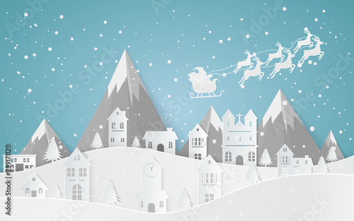 Santa flying in a sleigh with reindeer. The flat vector winter scene design of mountains