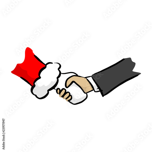 close-up handshake between businessman and santa claus vector illustration sketch doodle hand drawn with black lines isolated on white background