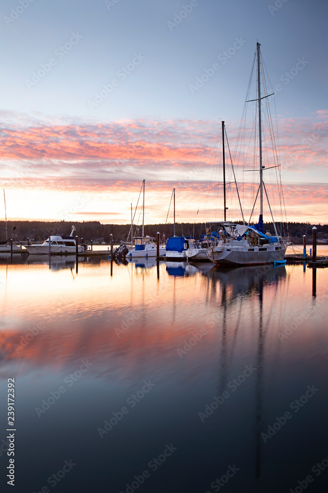 poulsbo, washington state, marina with boats at sunset