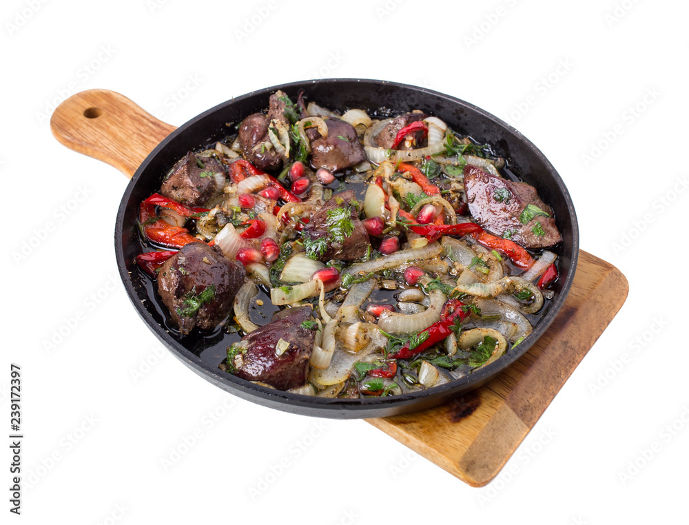 Fried chicken livers with onions. Fried chicken livers with onions.
