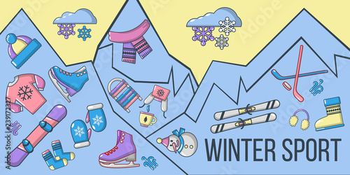Winter sport concept banner. Cartoon banner of winter sport vector concept for web, giftcard and postcard