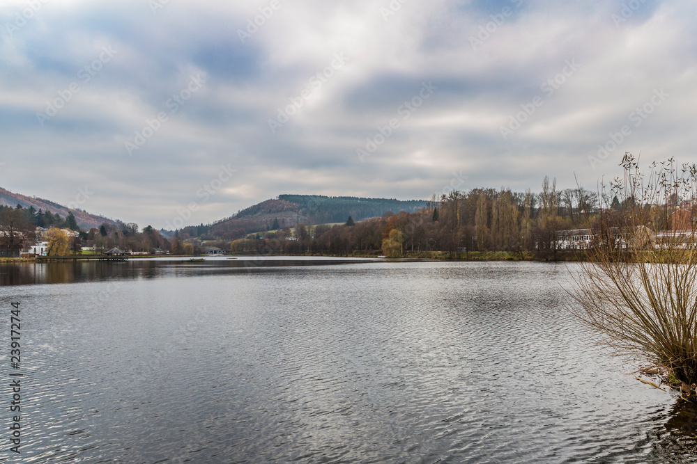 Obraz premium Landscape of Doyards lake surrounded by autumnal trees and wild plants, Vielsalm village in background against cloud-capped sky, light air over water surface, autumn day in the Belgian Ardennes