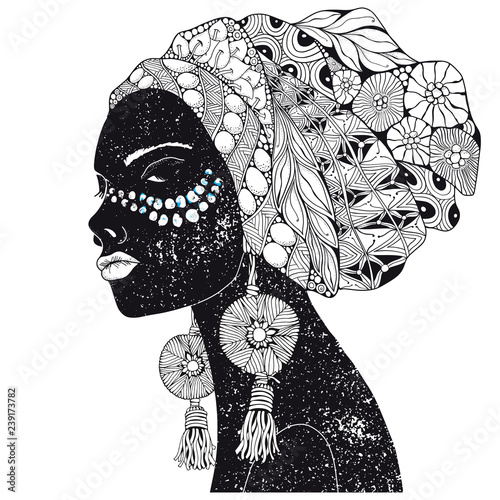 Beautiful african woman. Hand-drawn. Black and white. Coloring book page for adult and children. Zentangle style.