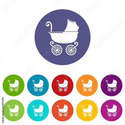 Baby carriage vintage icons color set vector for any web design on white background