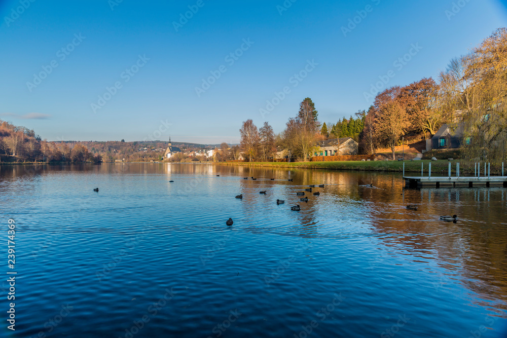beautiful view of the Doyards lake with ducks swimming in the water and the village of Vielsalm in the background on a wonderful sunset in the Belgian Ardennes