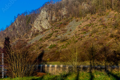 beautiful view of a mountain with yellow vegetation and a large rock next to a road on a wonderful winter day in the Belgian Ardenne photo