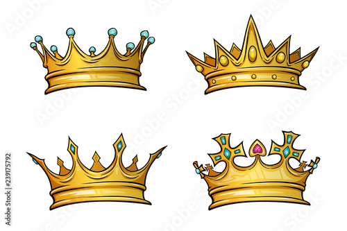 Golden crown mascot with colorful gem stones. Vector illustration isolated on white background. Good for logos, icons, posters, stickers.